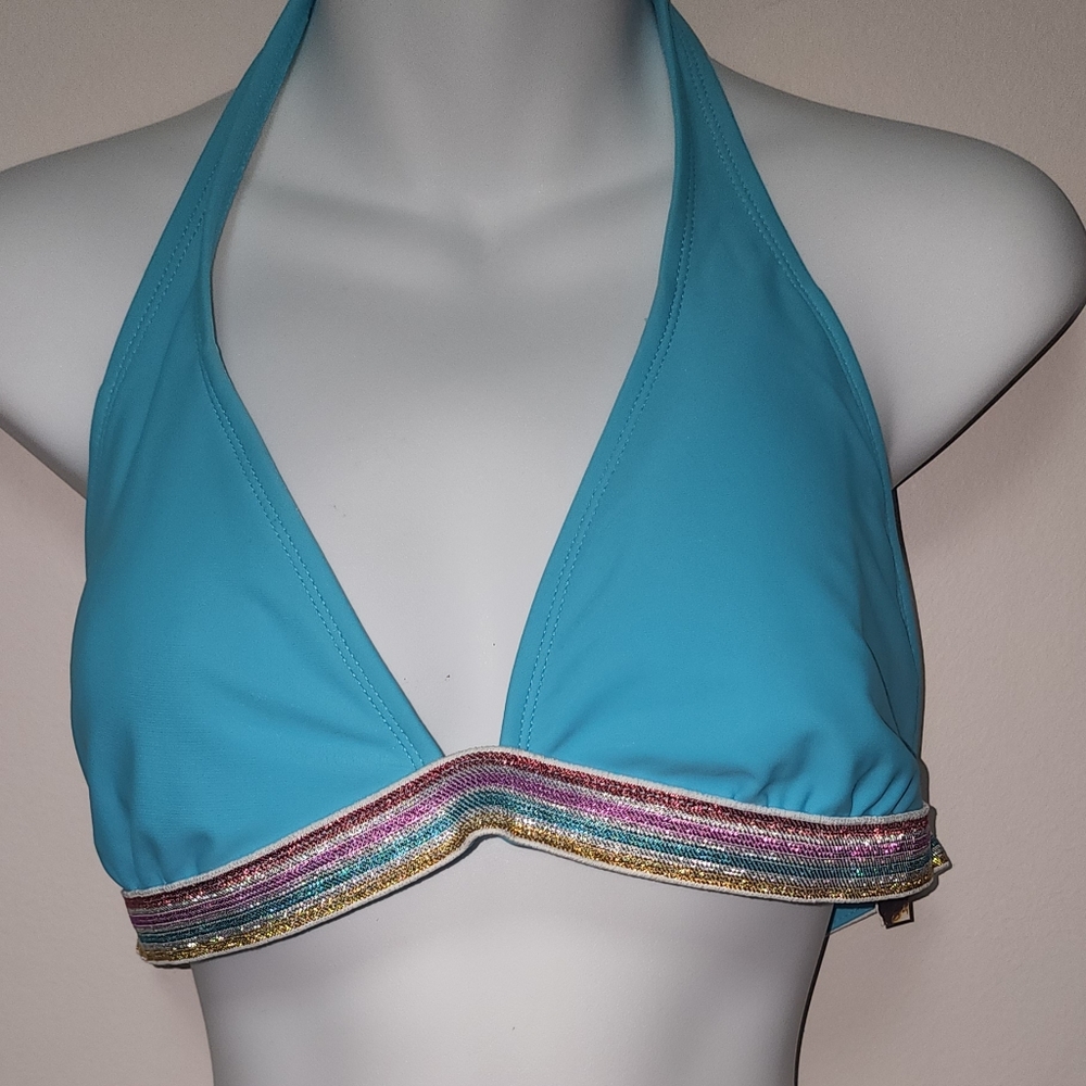 Xhilaration Aqua Triangle Bikini Top with Rainbow Trim L NWT